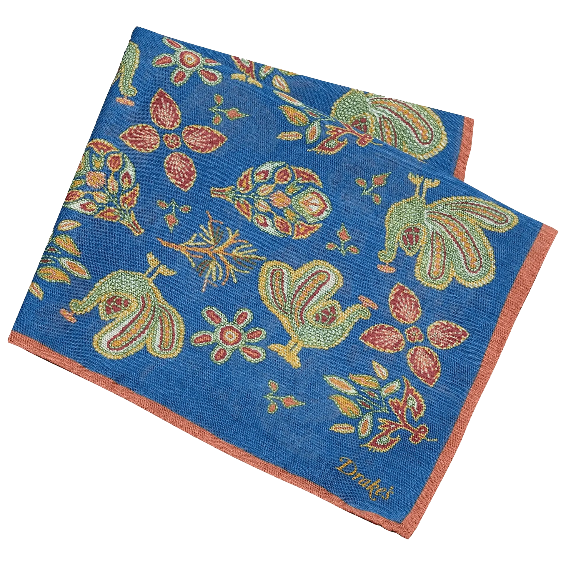 Wool / Silk Pocket Square - Chainstitch Navy Peacocks