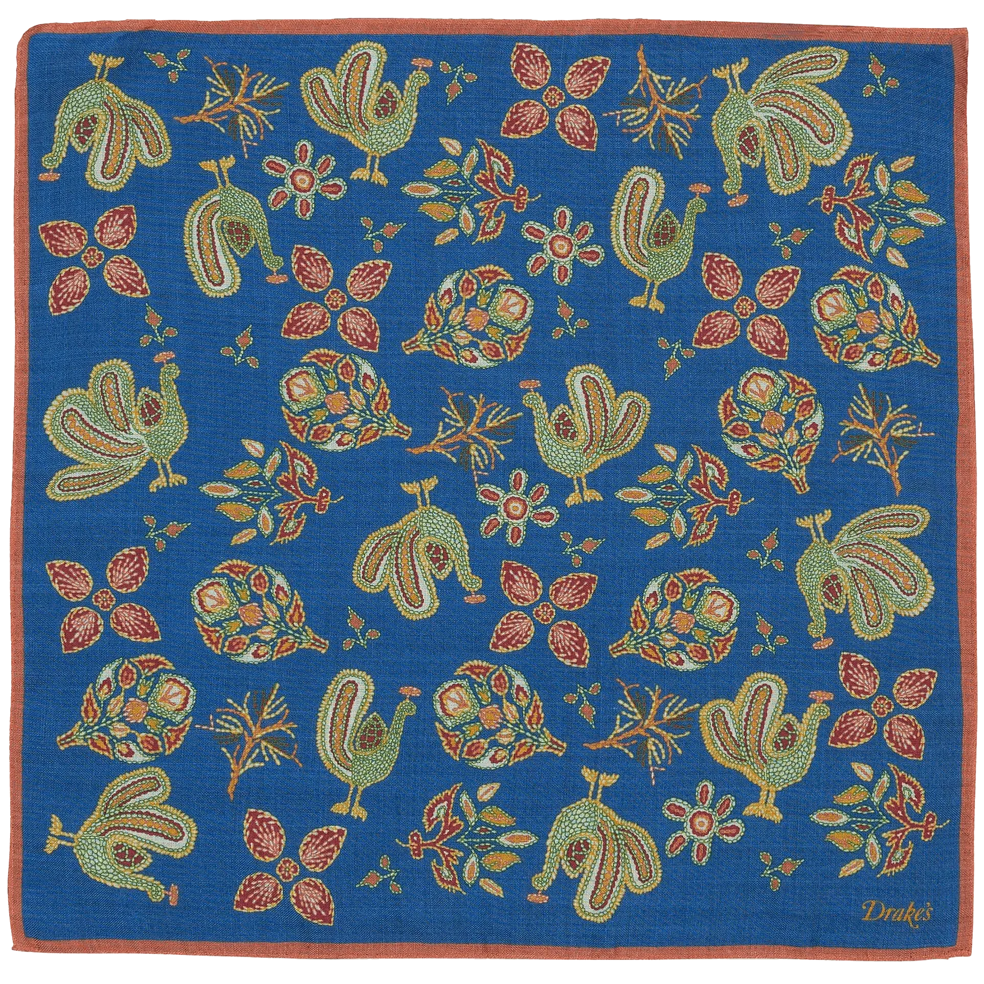 Wool / Silk Pocket Square - Chainstitch Navy Peacocks