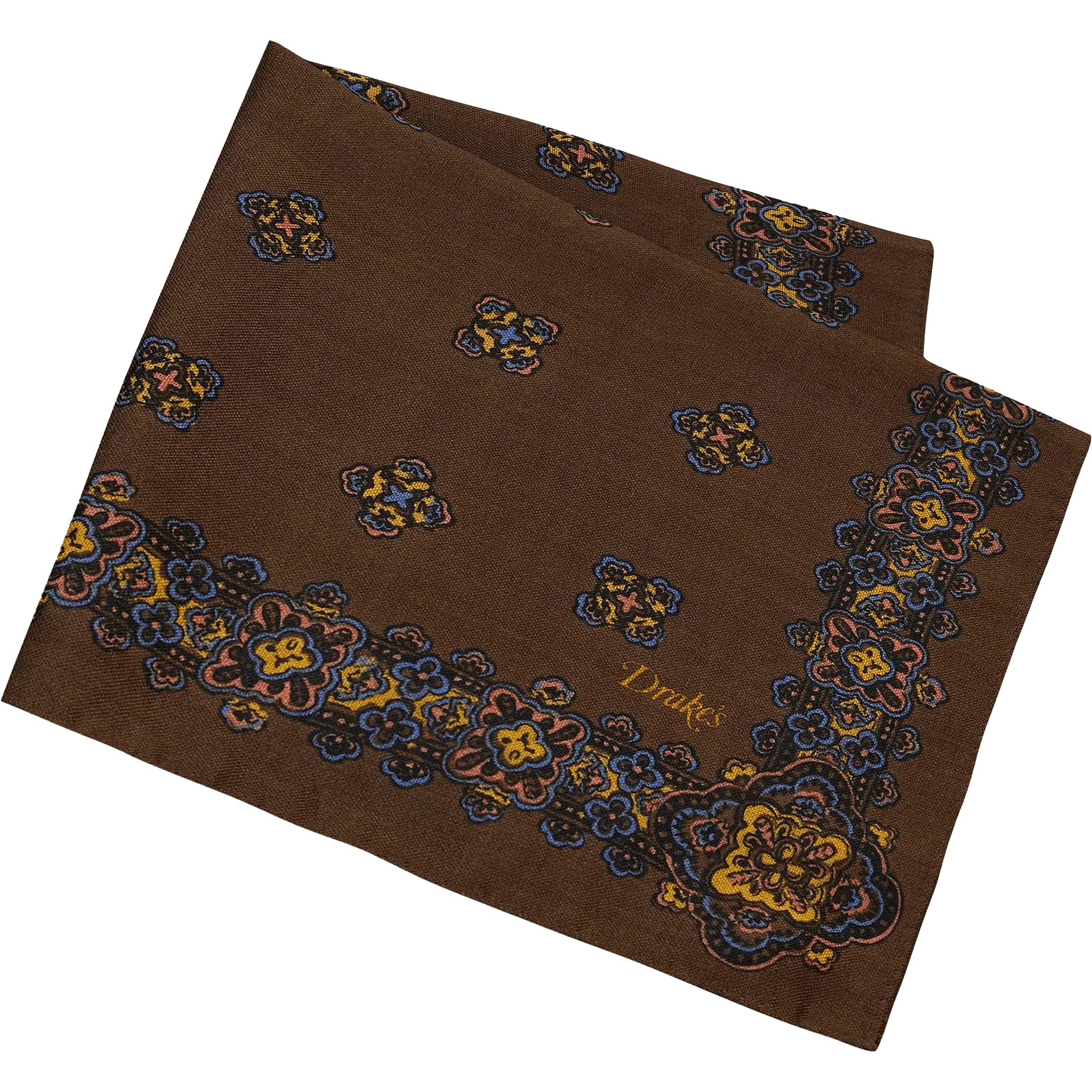 Wool / Silk Pocket Square - Medallion Border Brown