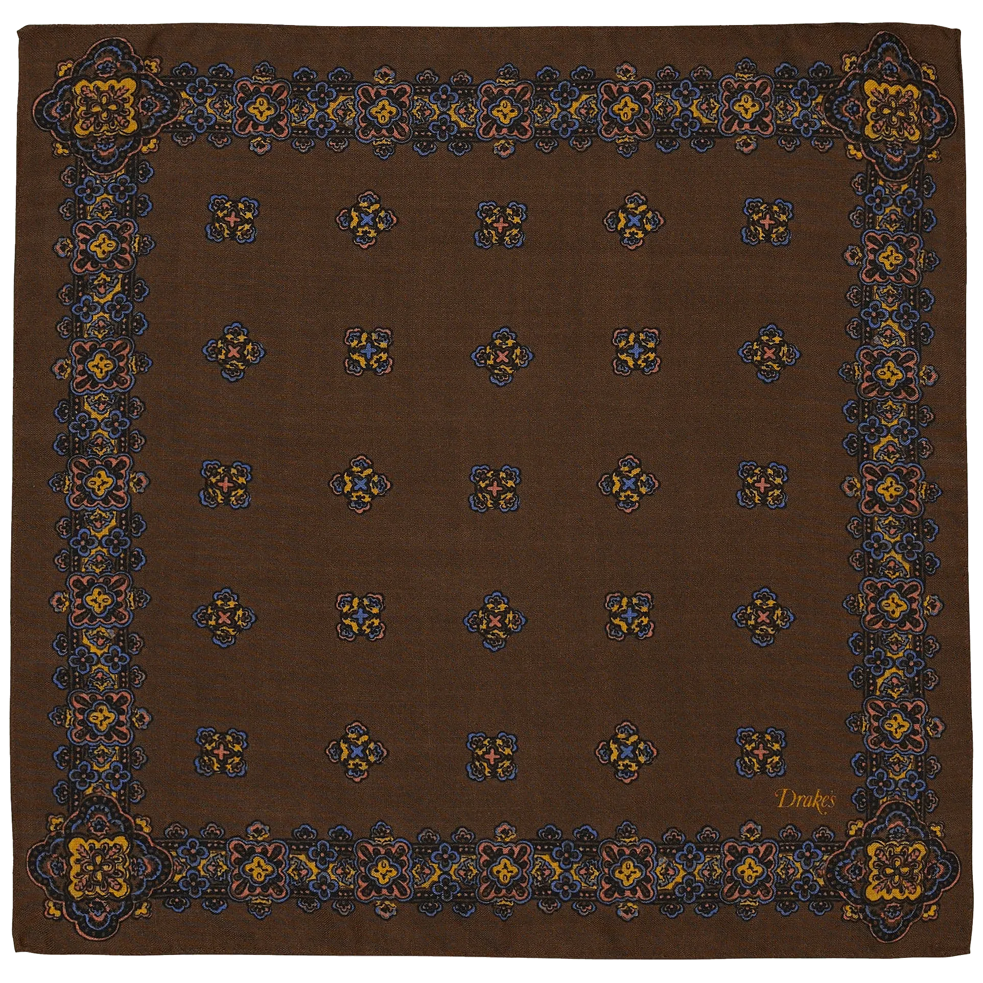 Wool / Silk Pocket Square - Medallion Border Brown