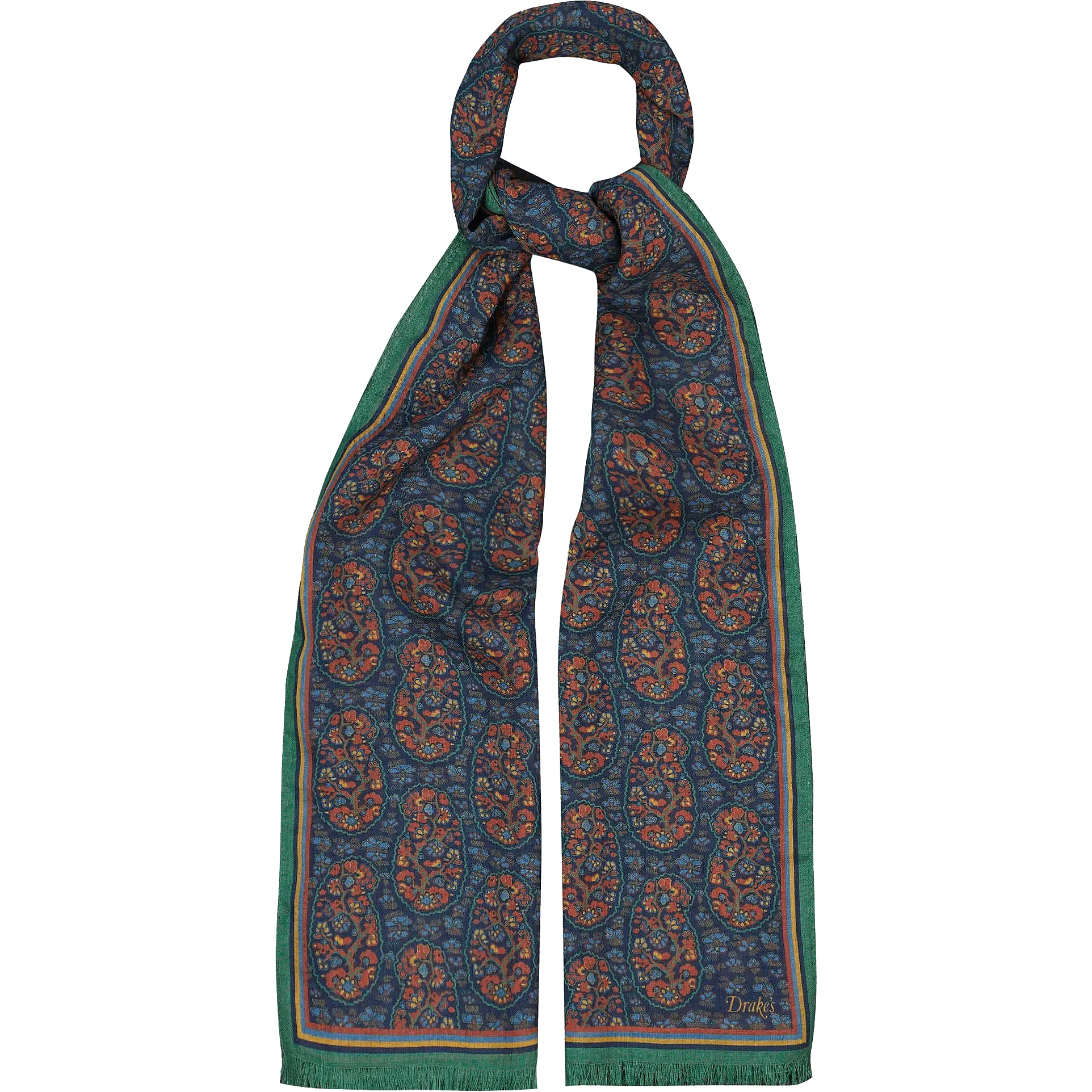 Wool / Silk Scarf - Navy / Green Paisley
