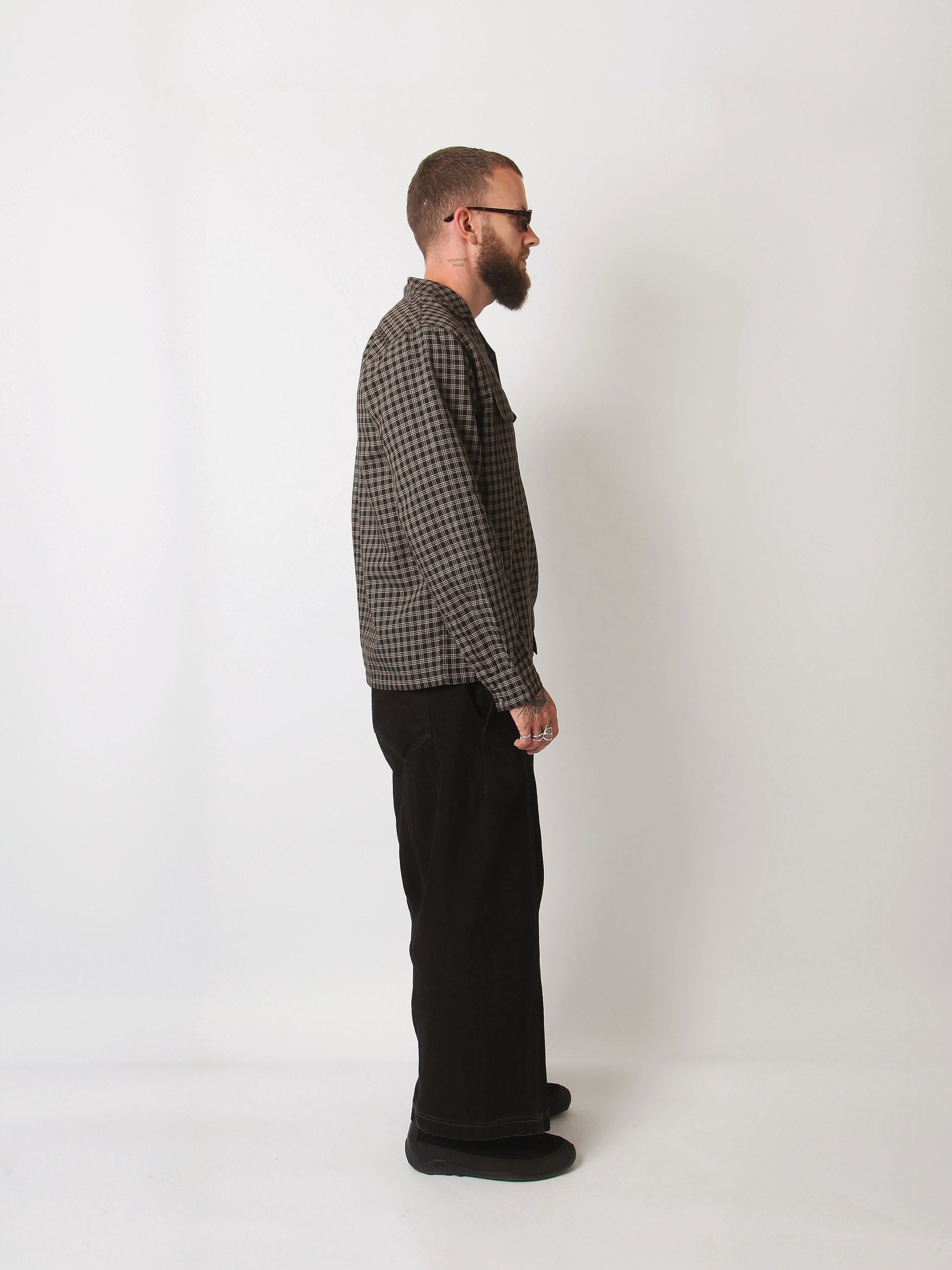 Open Collar Shirt - Black / Brown Plaid