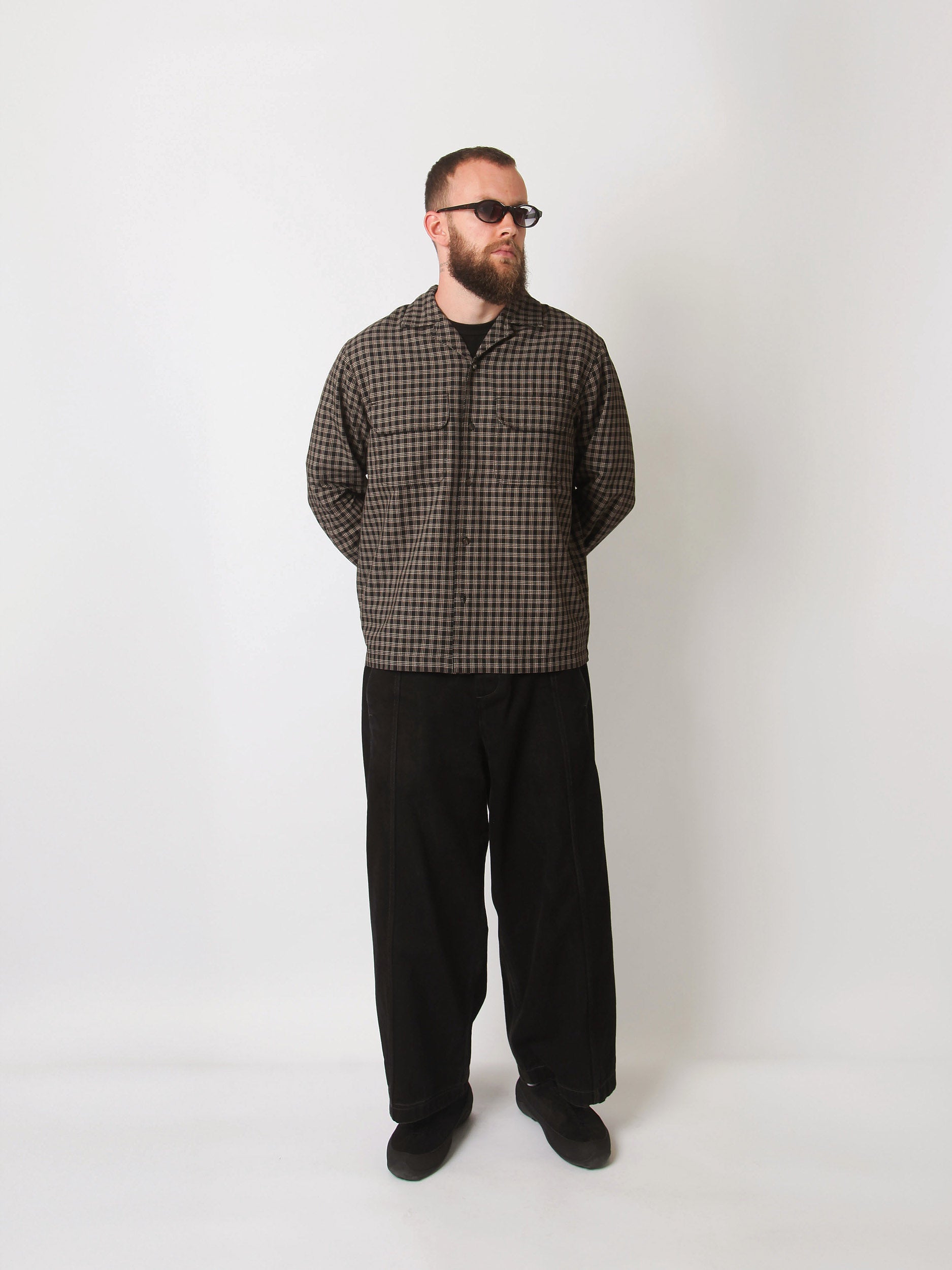 Open Collar Shirt - Black / Brown Plaid