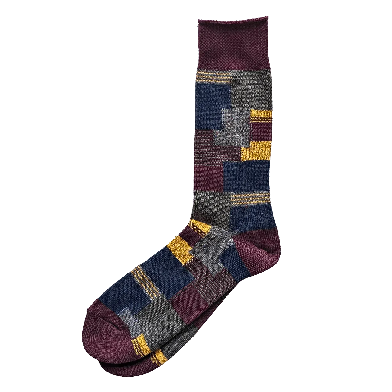 Patchwork Crew Sock - Burgundy