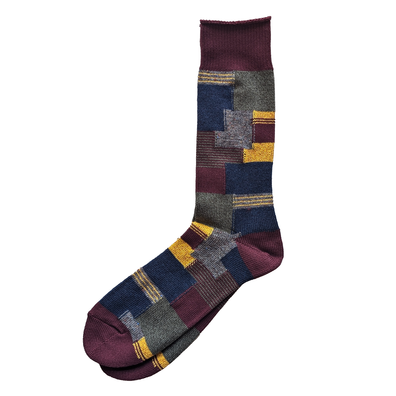 Patchwork Crew Sock - Burgundy