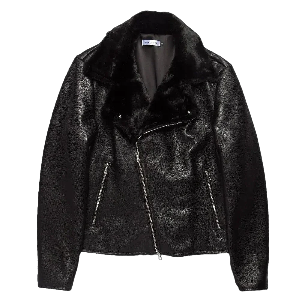 Pebble Grain Leather Moto Jacket  - Black
