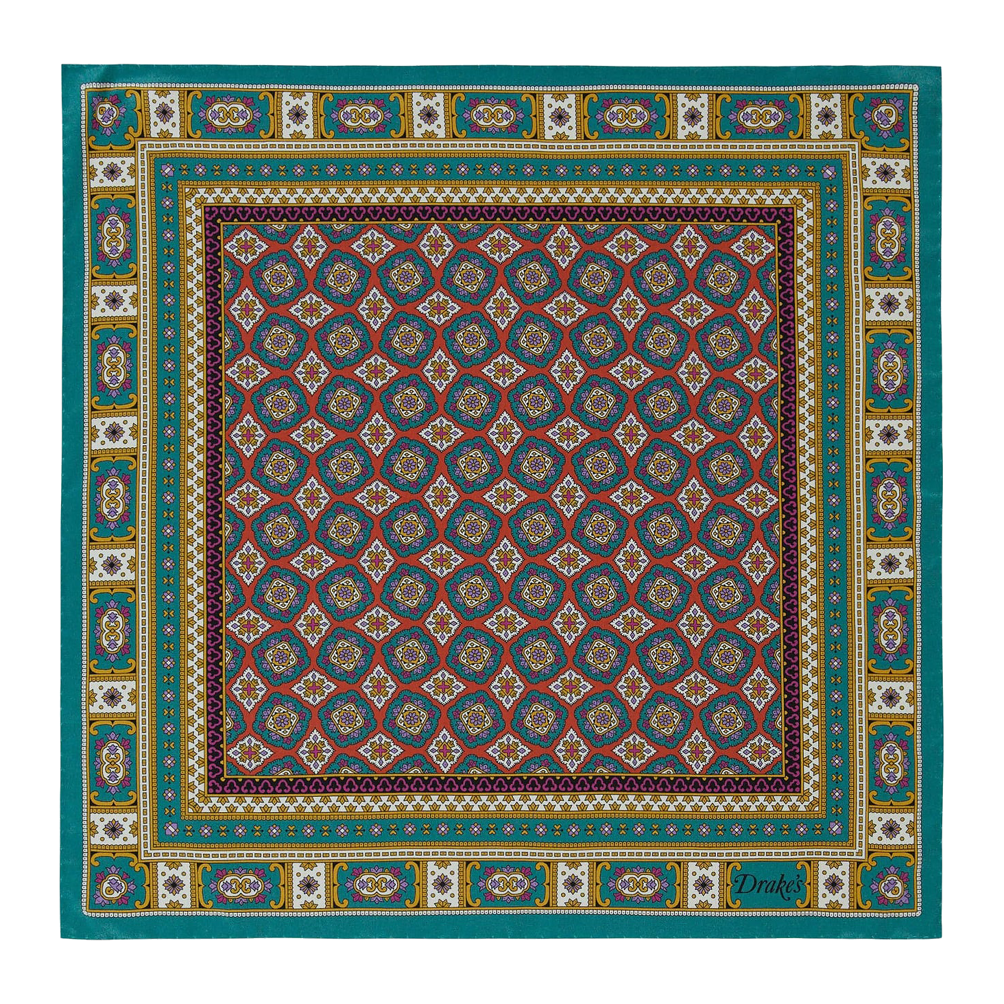 Floral Medallion Pocket Square - Gold / Green / Red