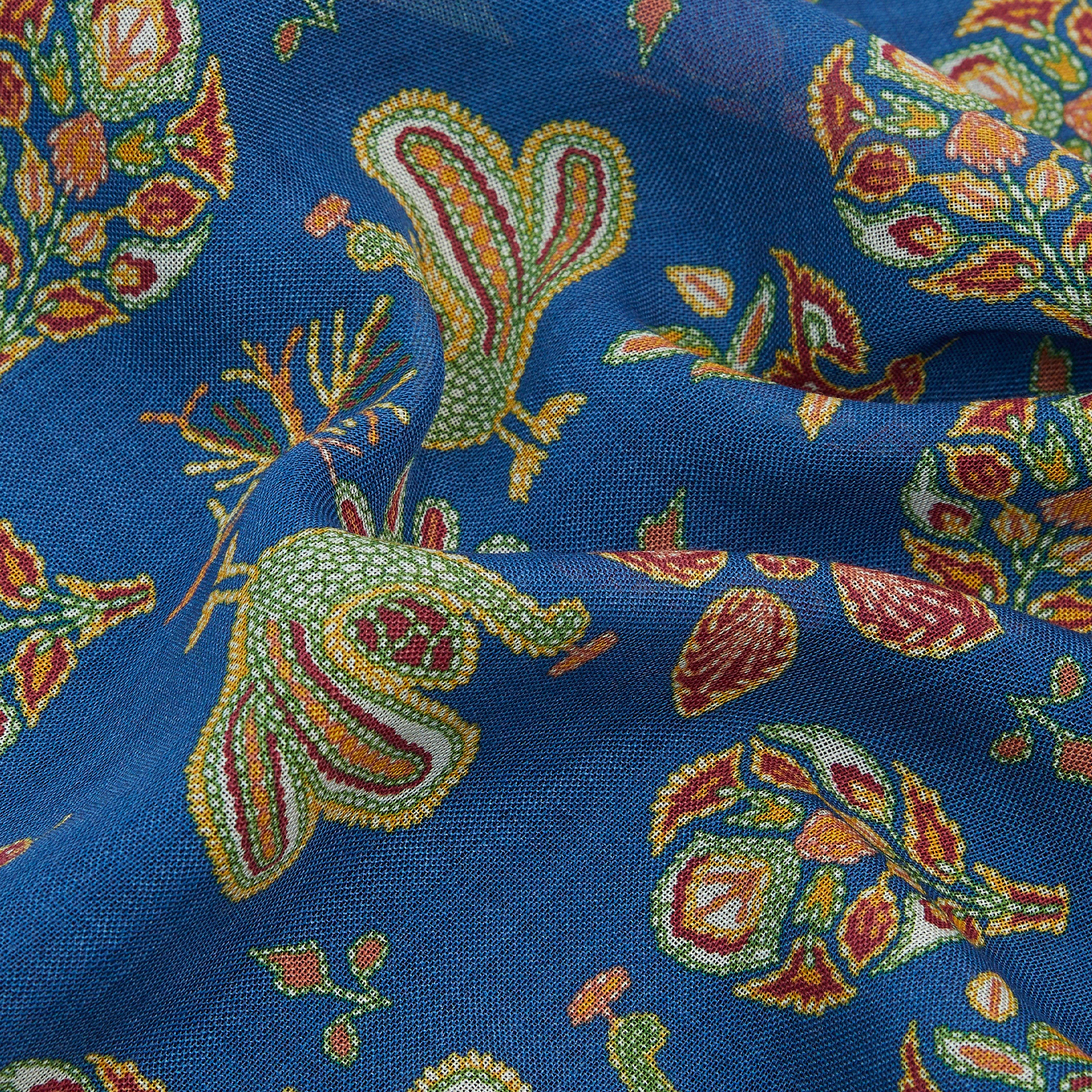 Wool / Silk Pocket Square - Chainstitch Navy Peacocks