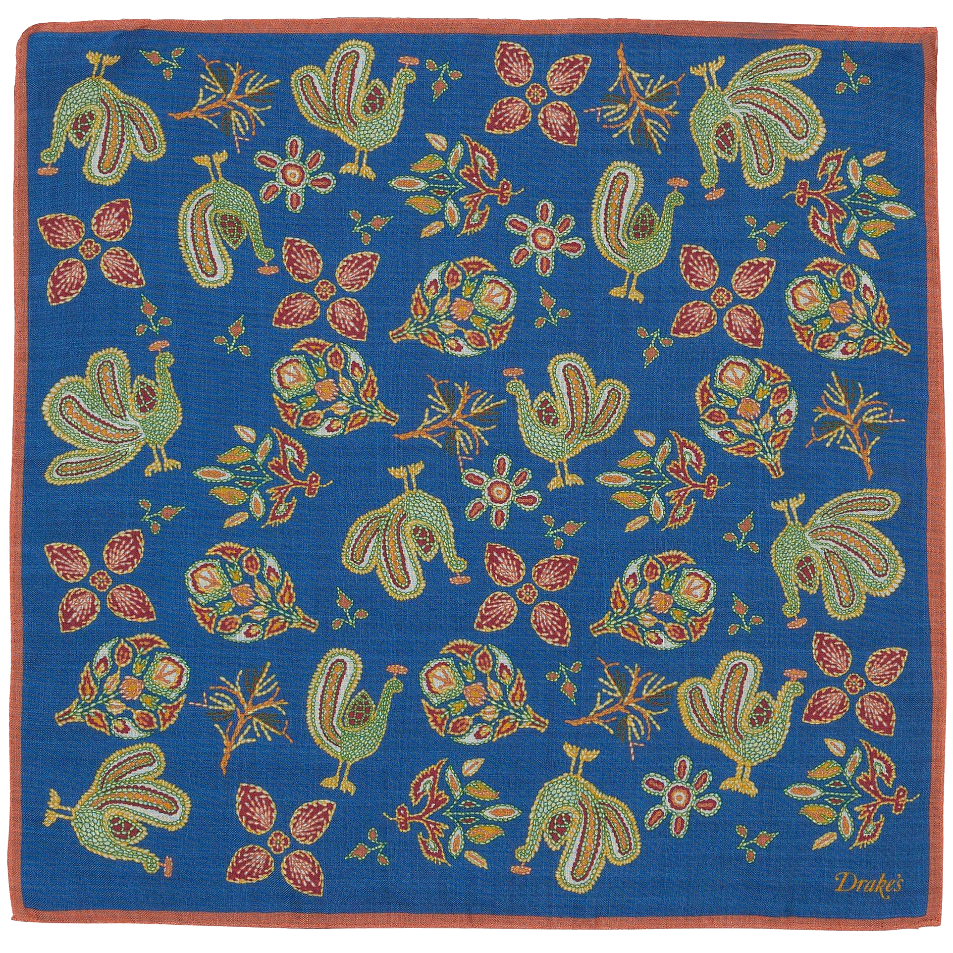 Wool / Silk Pocket Square - Chainstitch Navy Peacocks