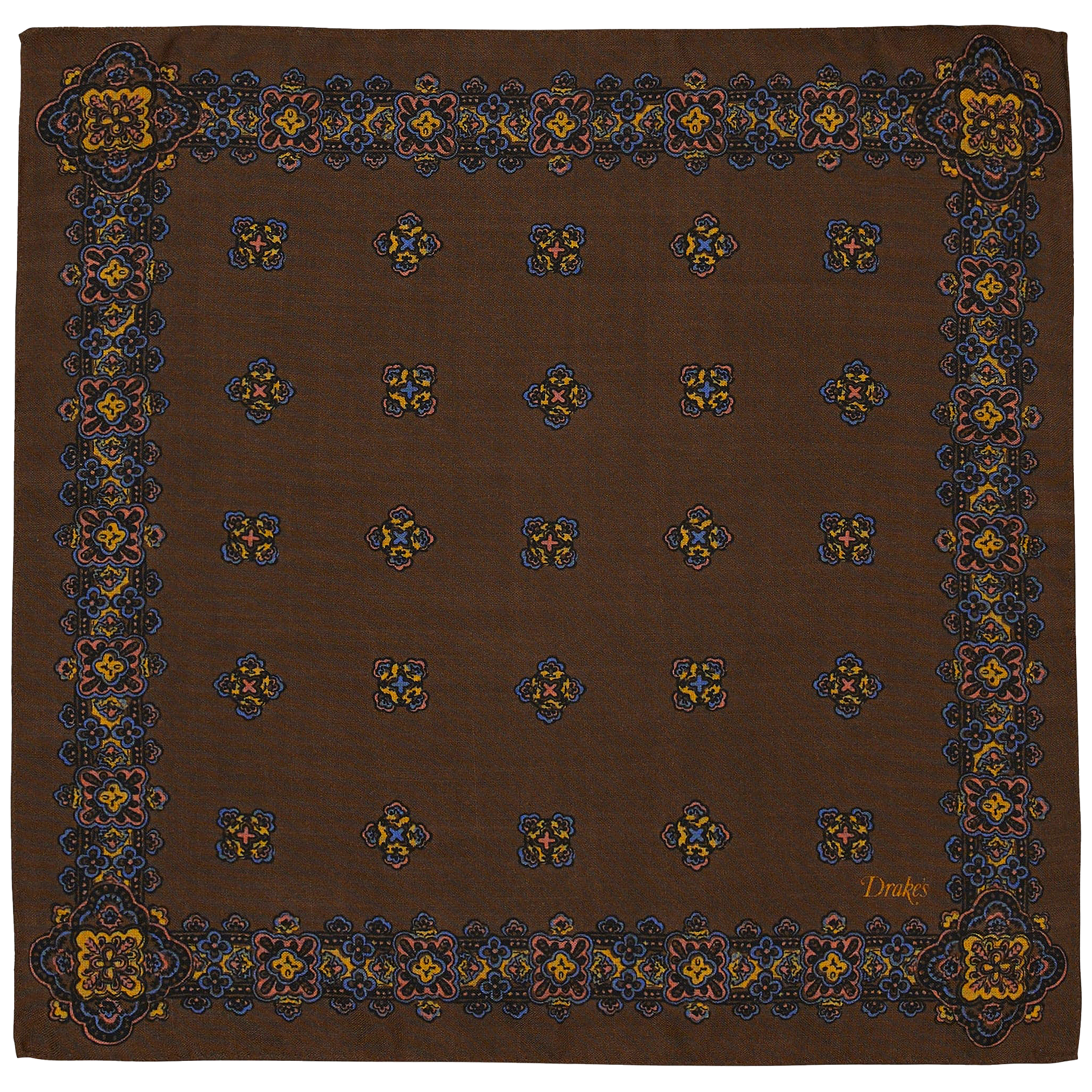 Wool / Silk Pocket Square - Medallion Border Brown