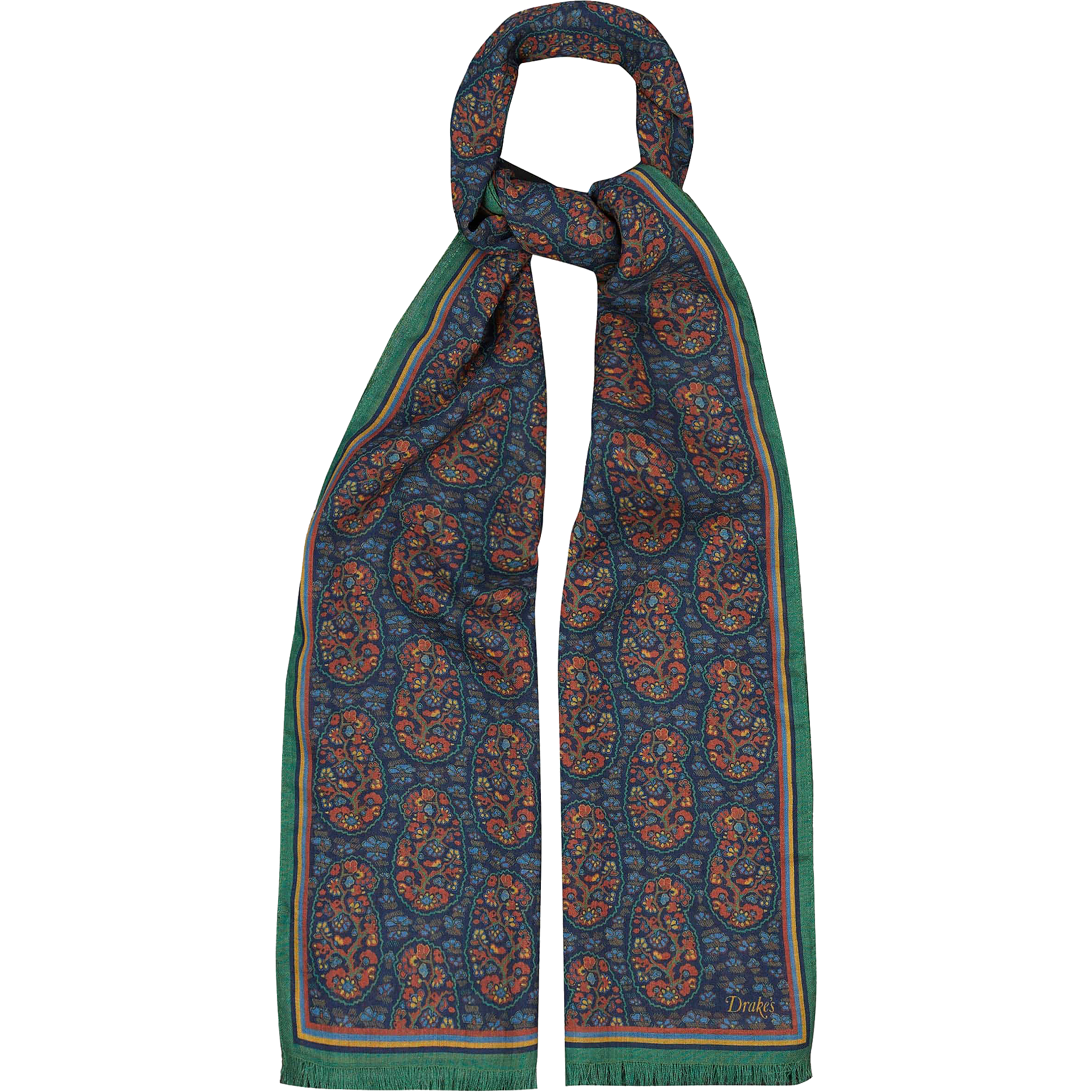 Wool / Silk Scarf - Navy / Green Paisley