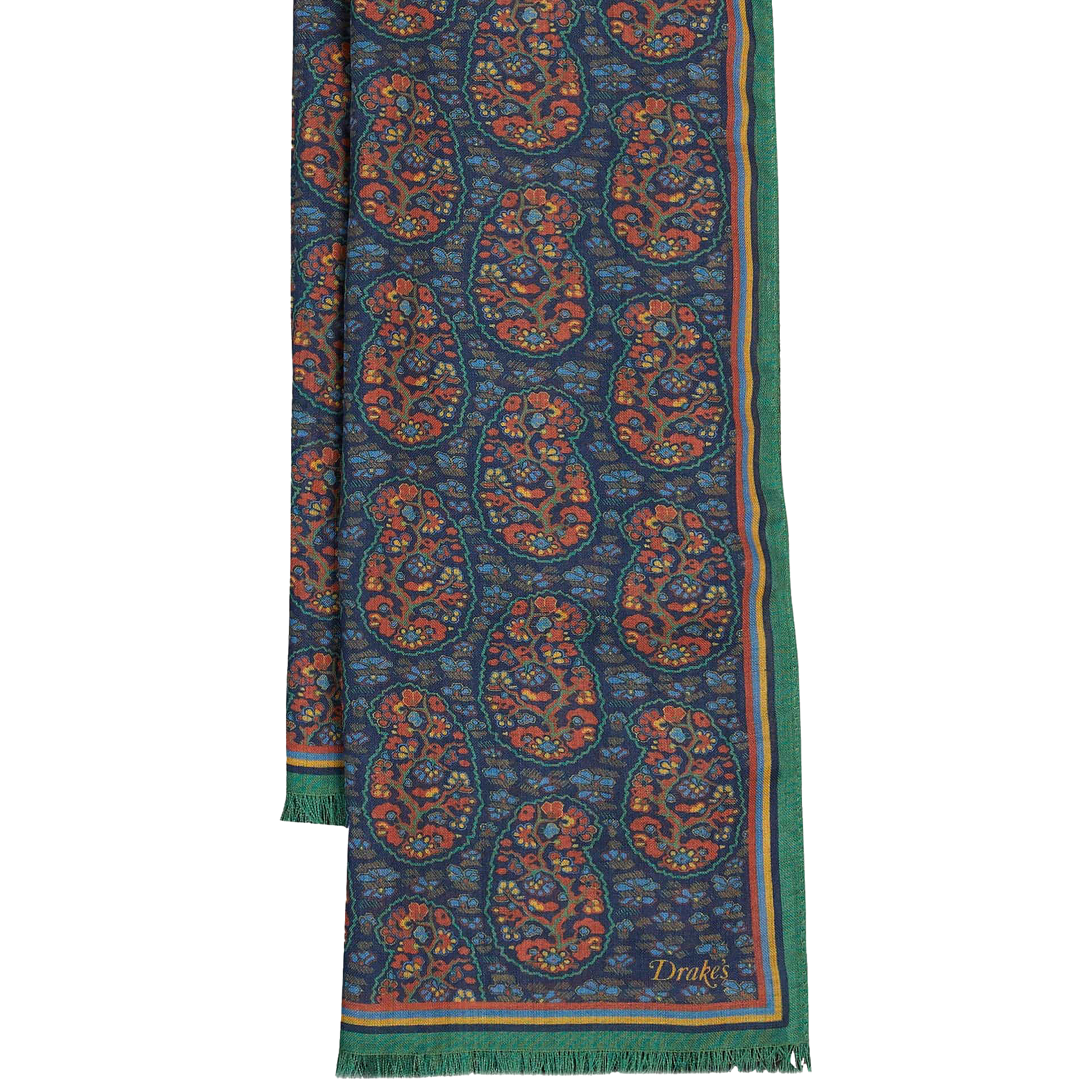 Wool / Silk Scarf - Navy / Green Paisley