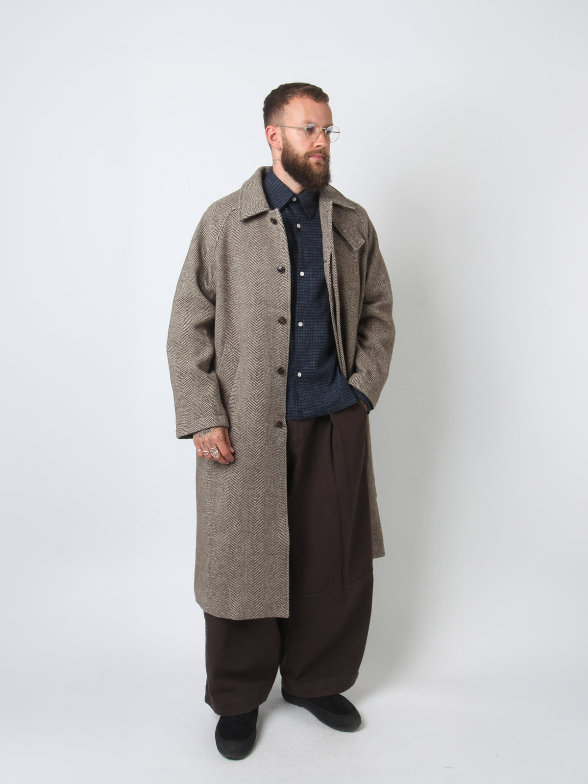 Wool Raglan Top Coat - Brown Herringbone