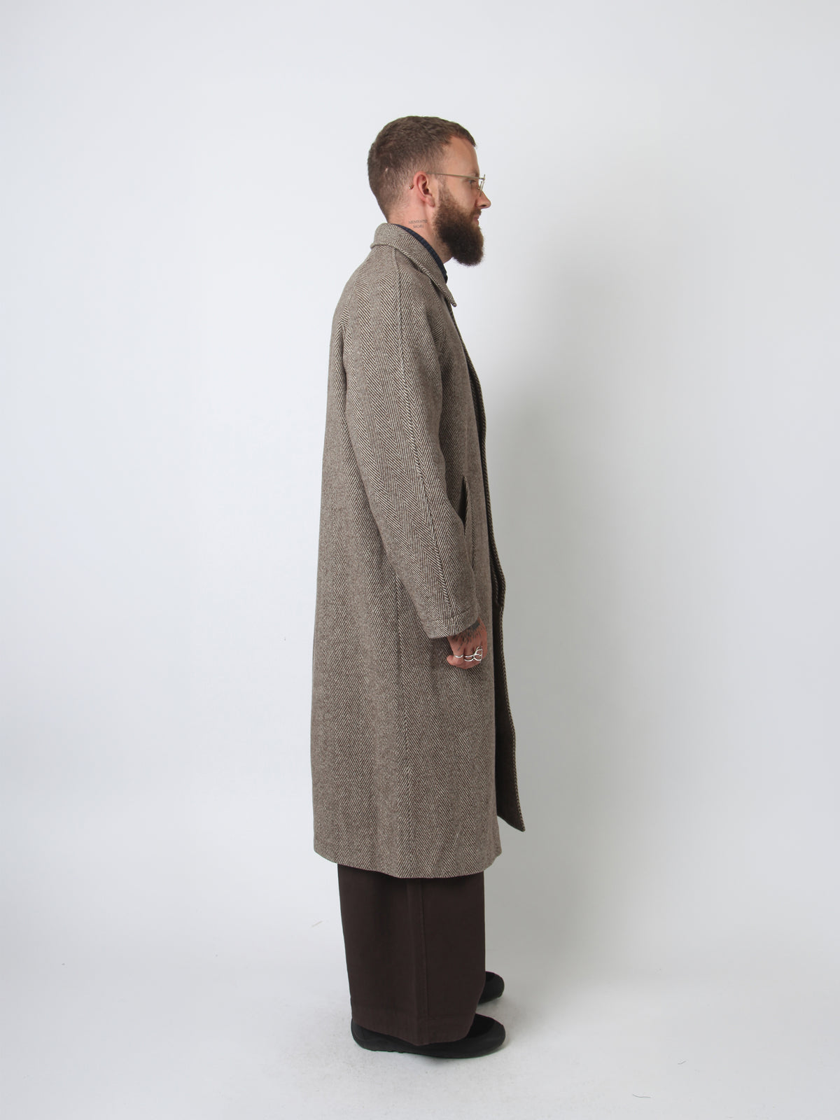 Wool Raglan Top Coat - Brown Herringbone