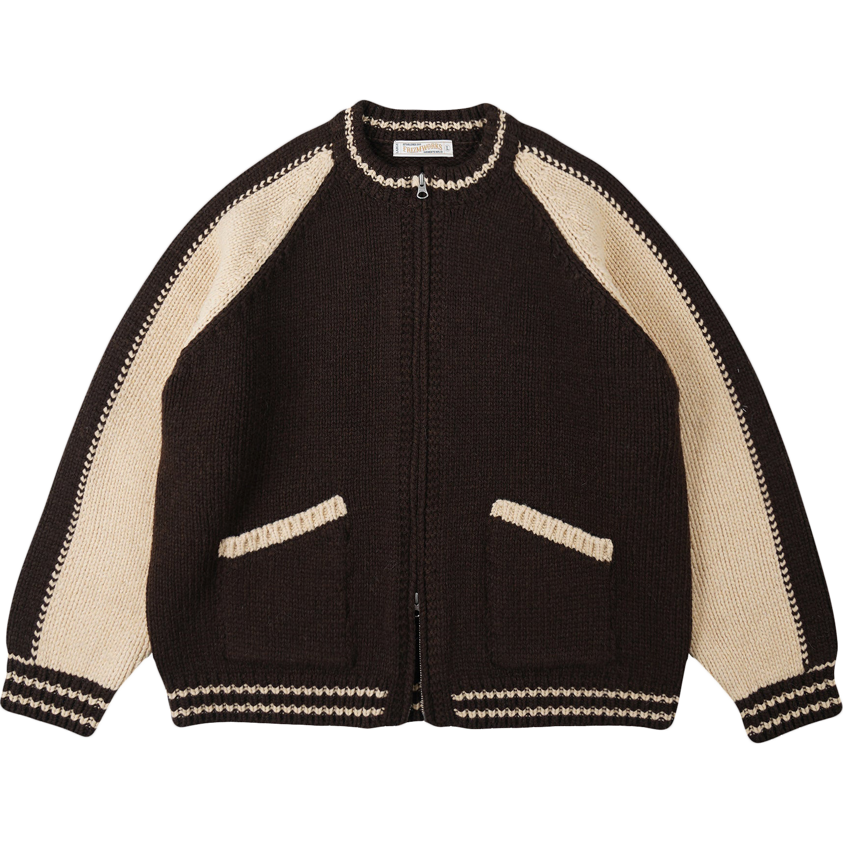 Wool Varsity Zip Up Cardigan - Brown