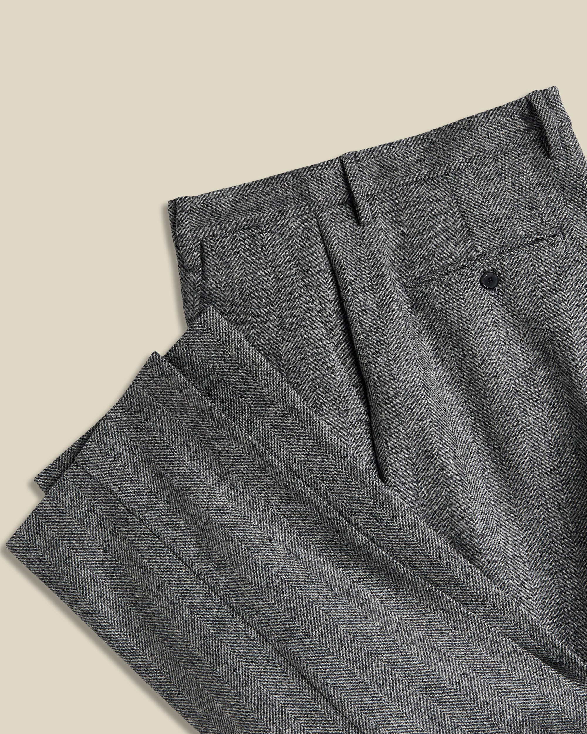 Herringbone Single Pleat Trousers - Grey