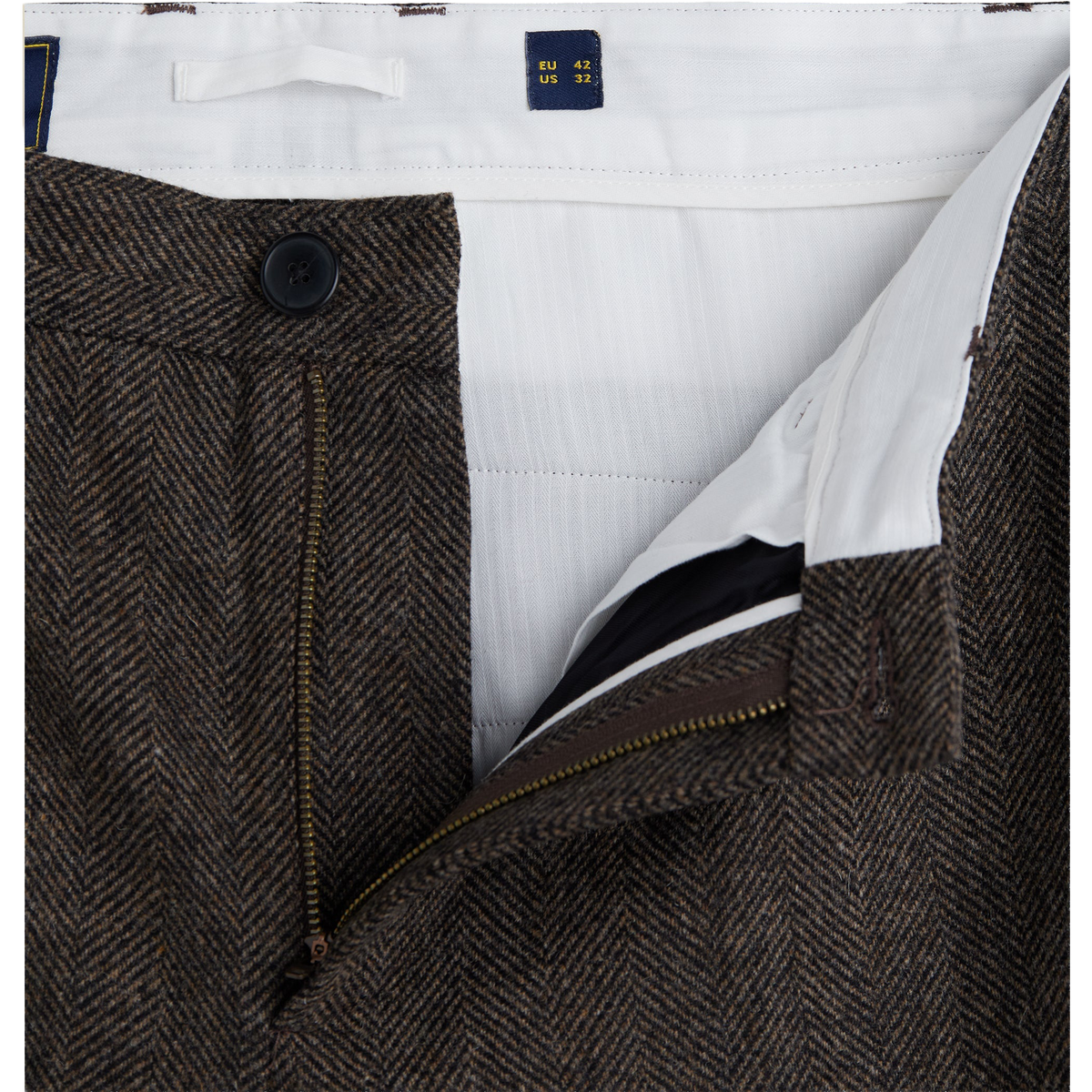 Single Pleat Herringbone Trousers - Brown