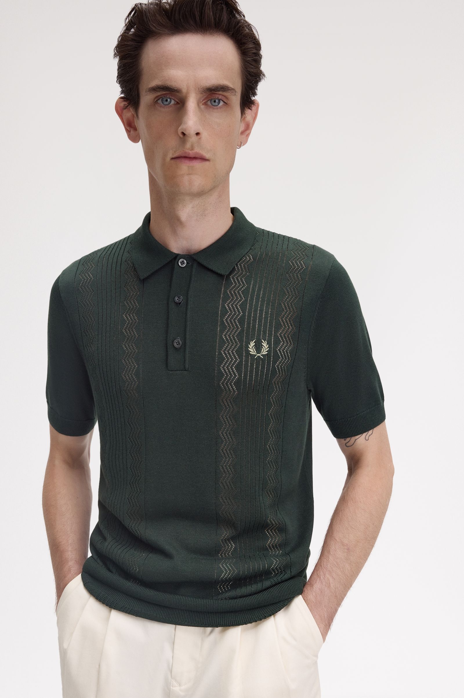 Pointelle Panel Knitted Shirt - Night Green