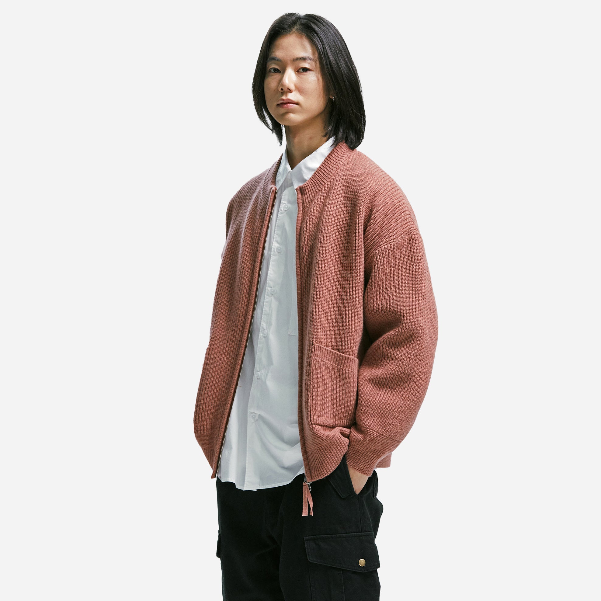 Wool Deck Zip Up Cardigan - Pink
