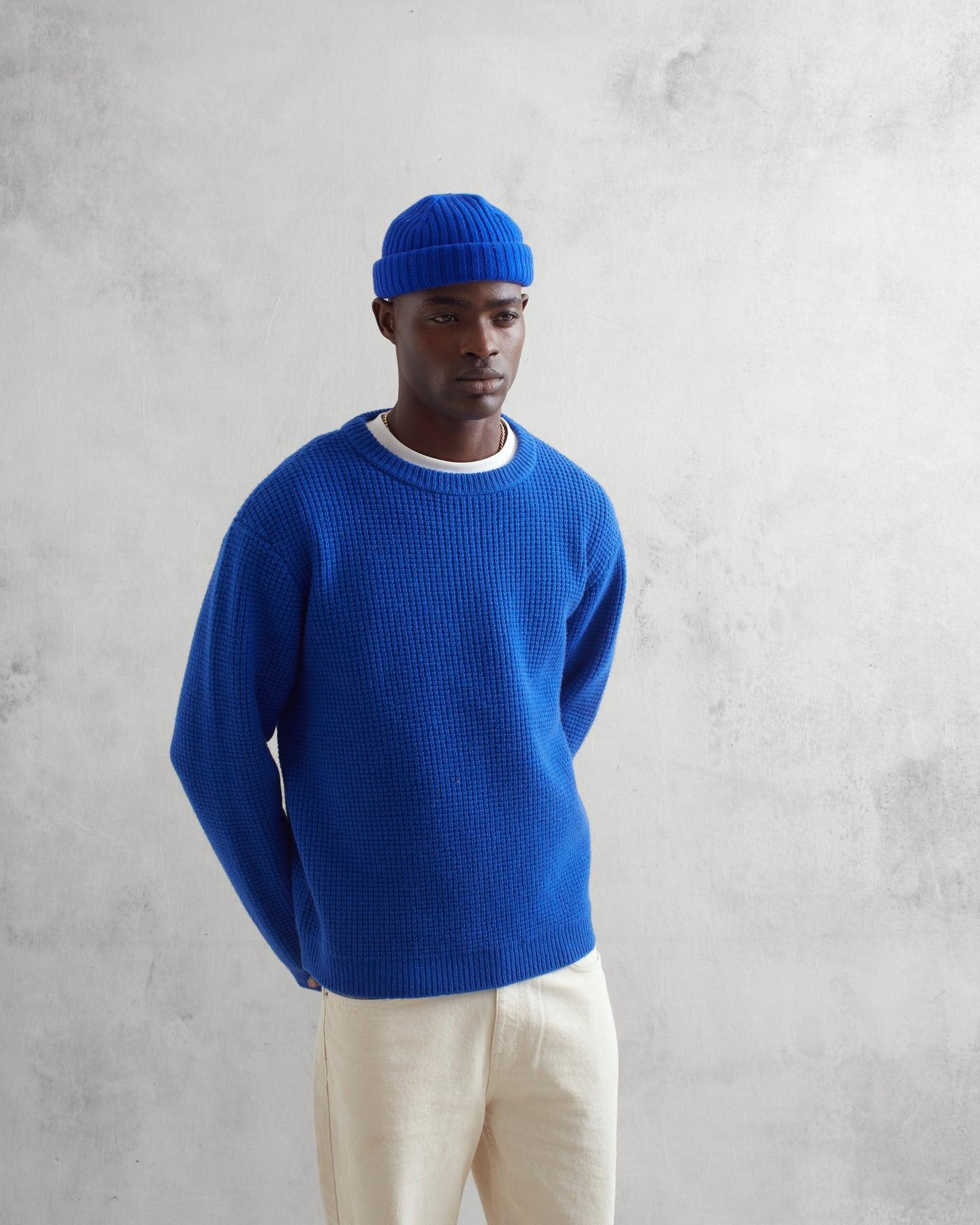 Lambswool Fisherman Ribbed Beanie - Bright Blue