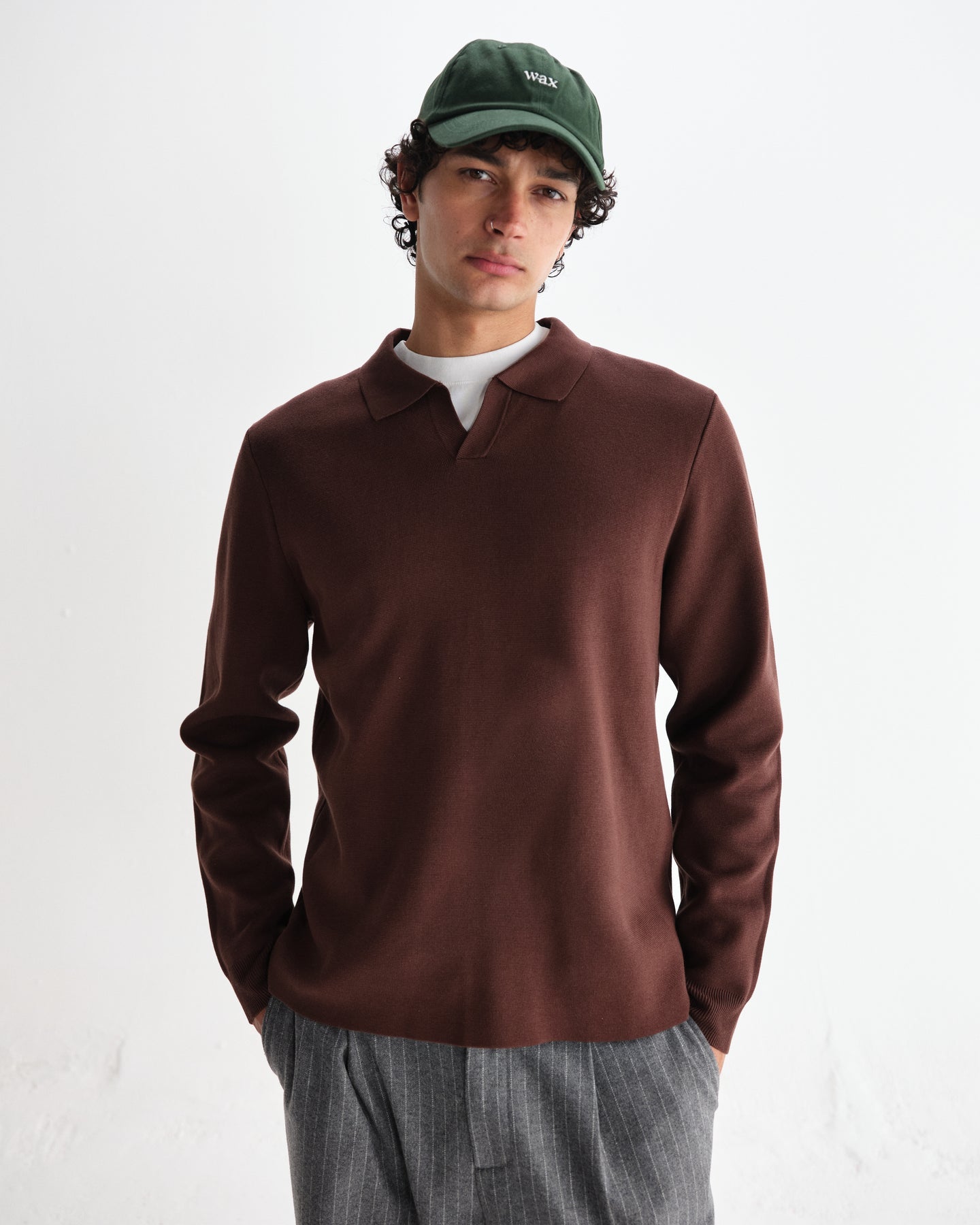 Carter Open Collar Knit Polo - Brown