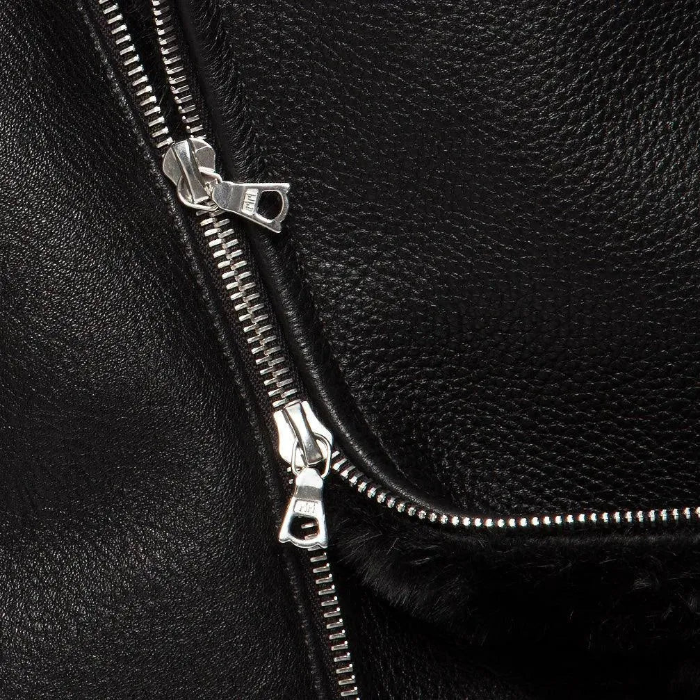 Pebble Grain Leather Moto Jacket  - Black