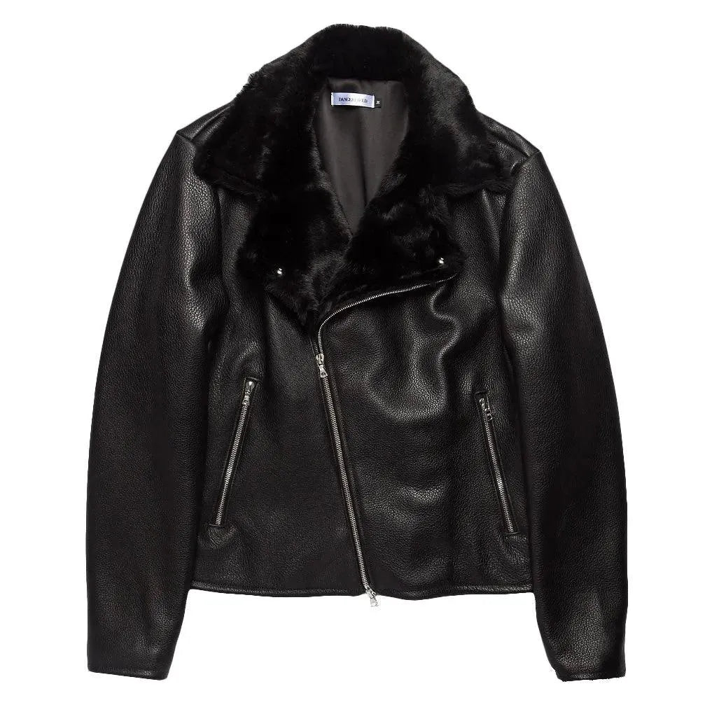 Pebble Grain Leather Moto Jacket  - Black