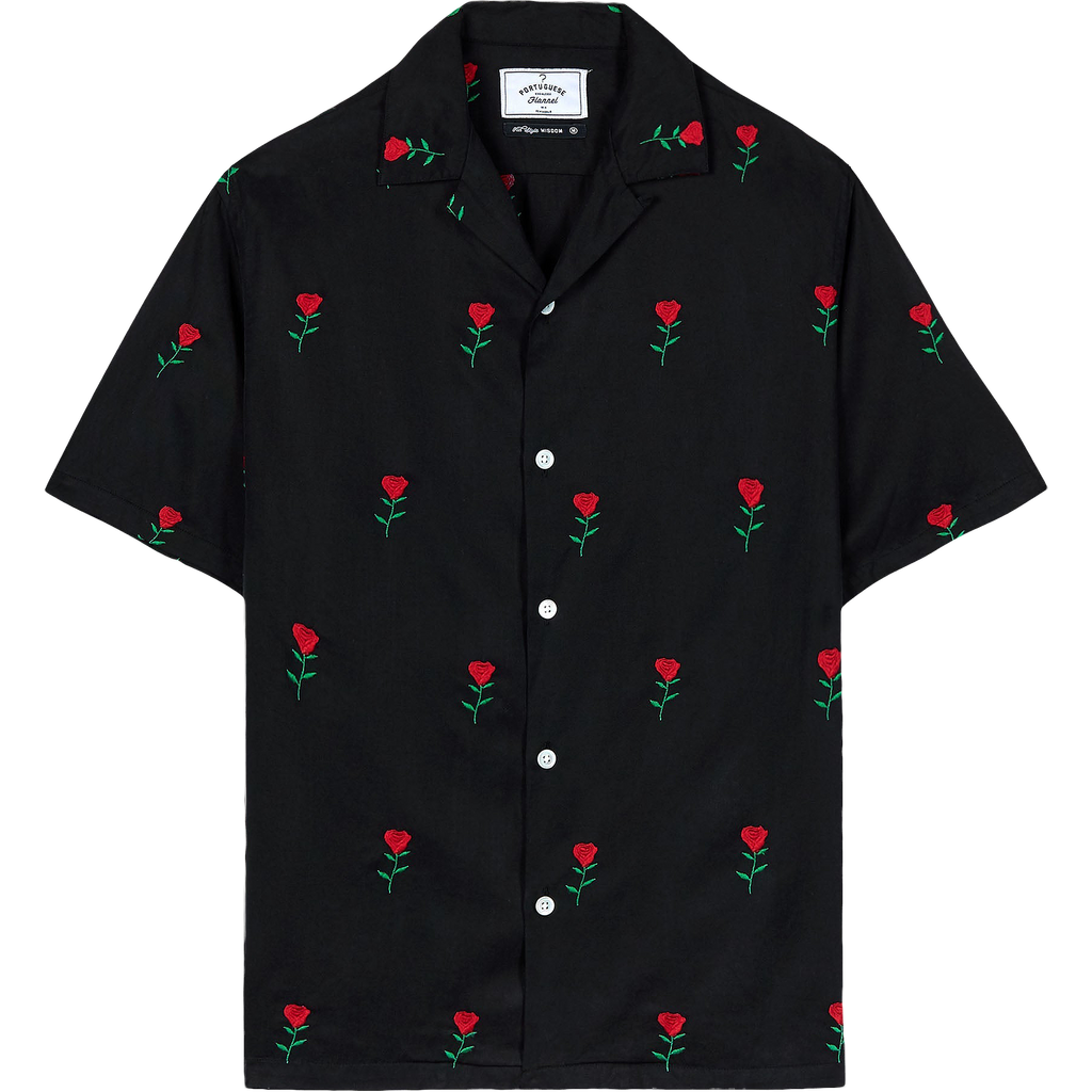 Rose Embroidered Camp Collar Shirt - Black